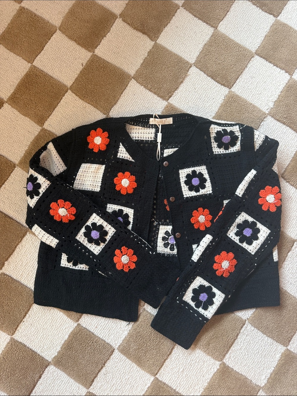 Black Floral Crochet Cardigan Sweater - Women's